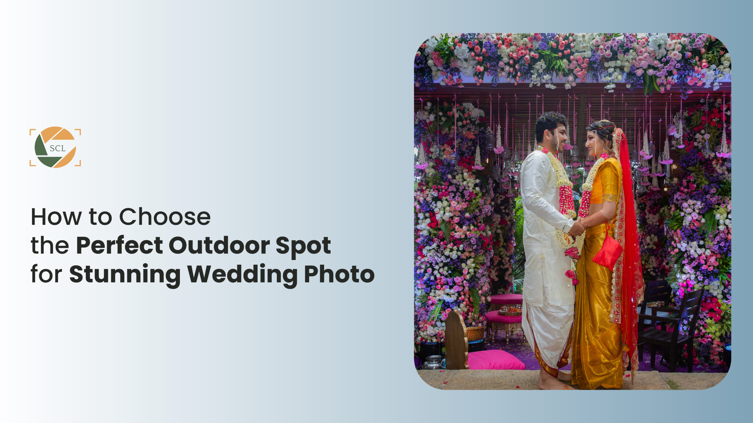 Bride and groom in a scenic outdoor wedding photo