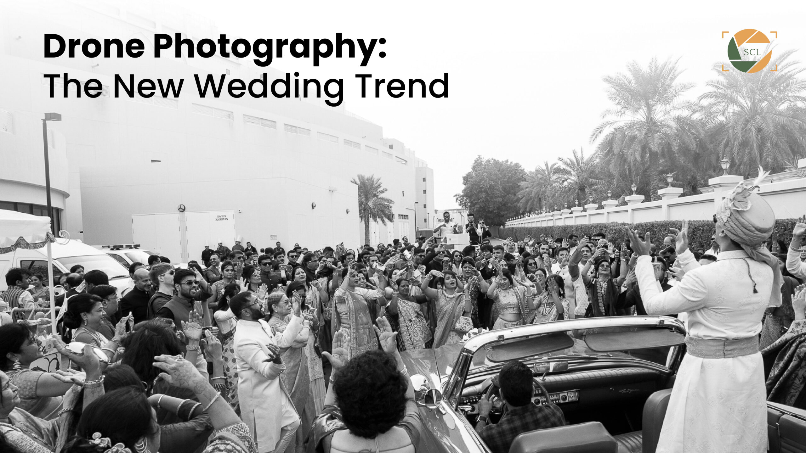 A large group of wedding guests arranged in a heart shape, viewed from above.