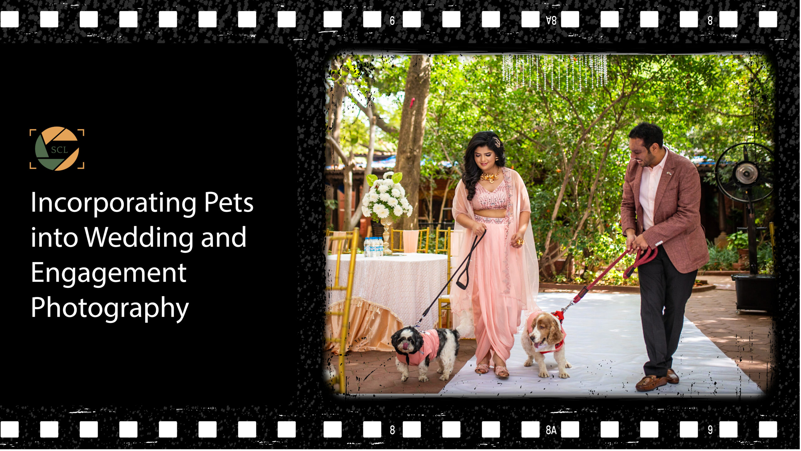 Couple posing with their dog in a wedding photoshoot